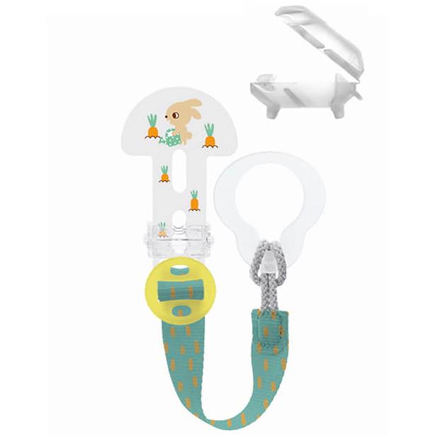 Mam Clip It & Cover Pacifier Support Ribbon & Nipple Protective Cap Green (335)