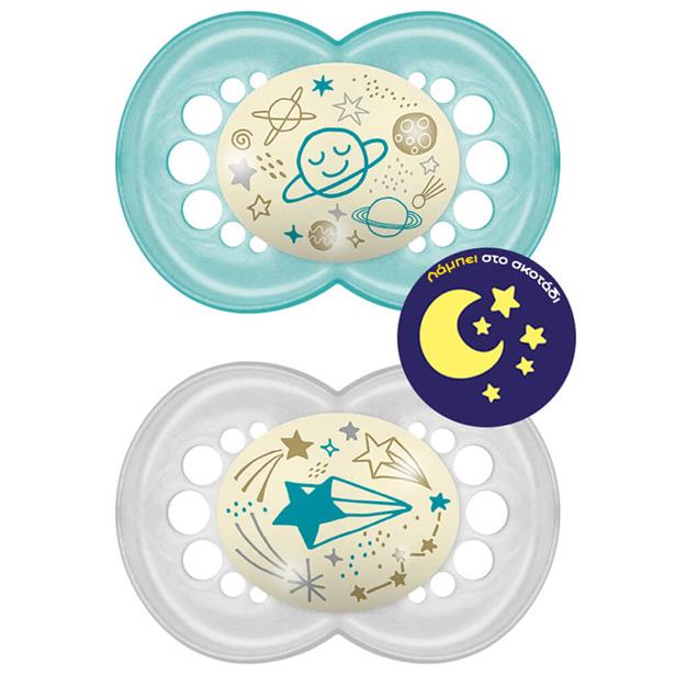 Mam Night Silicone Pacifier 6-16M Green,Grey, 2pcs (160S)