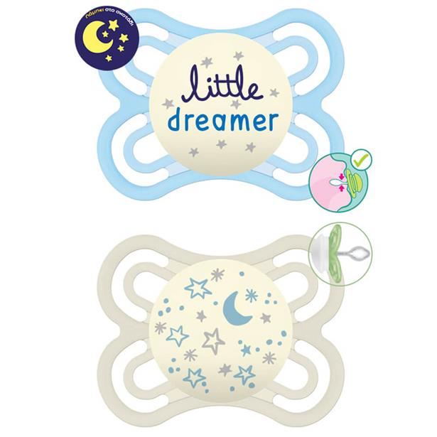 Mam Perfect Night Silicone Pacifier 2-6M Blue/White, 2pcs (136S)